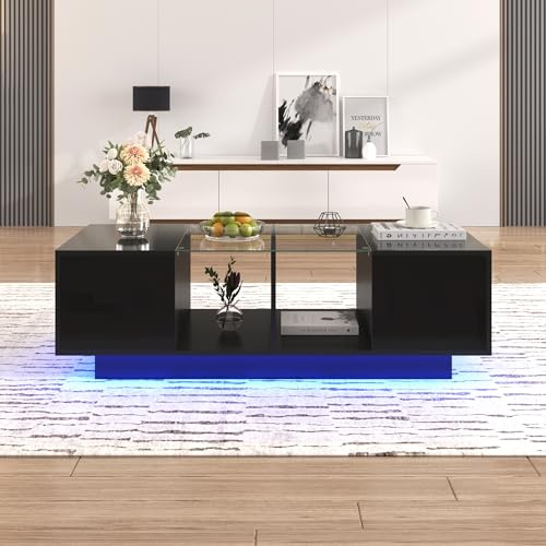 Hochglanz Couchtisch 120 x 37 x 50cm, Beistelltisch,Wohnzimmertisch mit Glasablage, Zwei Türen, großer Stauraum, mehrfarbige LED-Lichteffekte (Schwarz, 120 x 37 x 50cm)