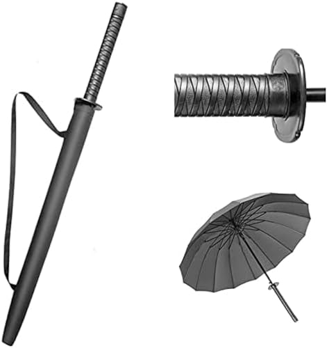 Regenschirm mit langem Griff, japanischer Samurai und Ninja – Katana-Regenschirm, große Größe – schwarzer gerader Regenschirm, 24 Rippen