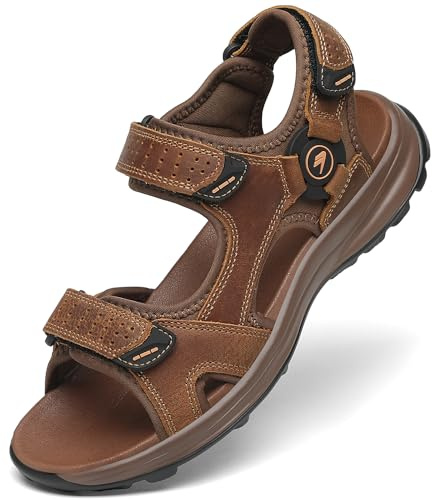 FLARUT Sportsandaler för män Sommar Andningsbara Strandskor läder Vardagliga Promenadsandaler Utomhus Halkfria Vandringssandaler(Brun,45 EU)