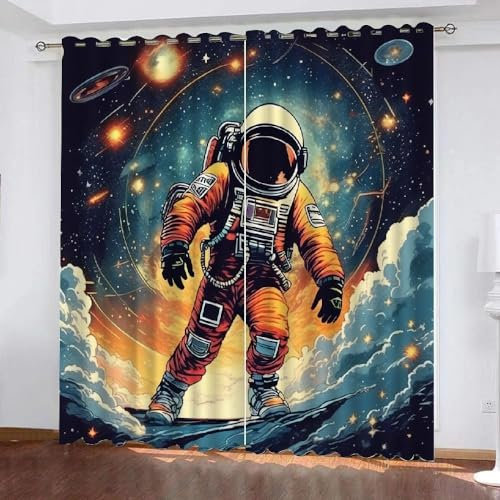 EXSANLIEAY Verdunklungsvorhänge Astronaut, Vorhang Blickdicht Mond Vorhänge mit öSen 2er Set für Schlafzimmer Kinderzimmer, Deko Gardinen Wohnzimmer - B140 x H260 cm