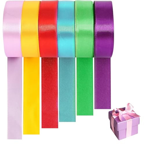 Aililong 6 Farben Satinband Set, Stoffbänder 22 m x 2 cm für DIY Basteln, Geschenkverpackung und Hochzeit Partydekoration - Geschenkband breit, Seidenbänder bunt