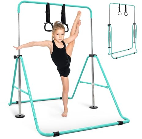 KAYMAN Gymnastics Horizontal Bar for Kids with Rings & Hand Protection Wrap – Adjustable Height 89/99/109/119/129cm, Heavy-Duty Steel Gym Equipment for Home Gymnastics, Strength & Flexibility Training
