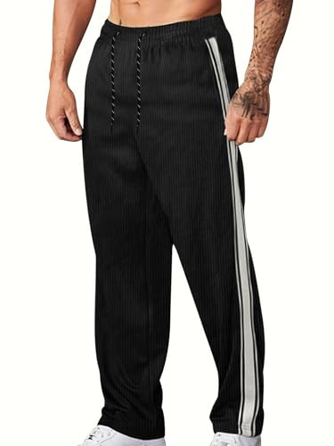 MakingDa, pantaloni da jogging da uomo in corduroy, aderenti, stile casual, classici, con coulisse, vita elasticizzata, con striscia laterale, per corsa, golf, palestra, sport, Nero , 3XL