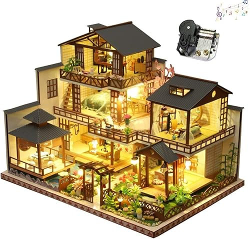 Generico Kit Casa delle Bambole Fai da Te con Mobili in Legno Cortile Giapponese LED E Carillon Stanza Unica Miniature da Costruire