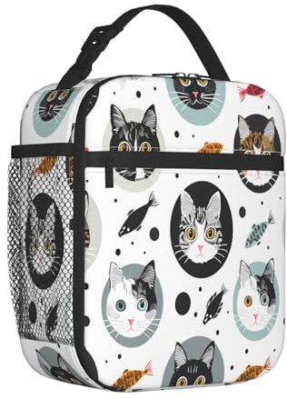 Mexpekil Bolsa de almuerzo aislada para niños y niñas, con bonito patrón de peces de gato, reutilizable, térmica, a prueba de fugas, para la escuela, el trabajo, la oficina, camping