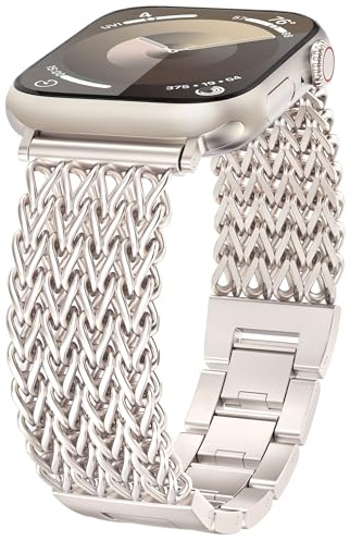 TOYOUTHS Compatible with Apple Watch Straps 38/40/41/42mm Women Dressy Stainless Steel Metal Gold Chain Strap Designer Cowboy Link Bracelet for iWatch Band Series 11 10 9 8 7 6 5 4 SE 3 2 1, Starlight