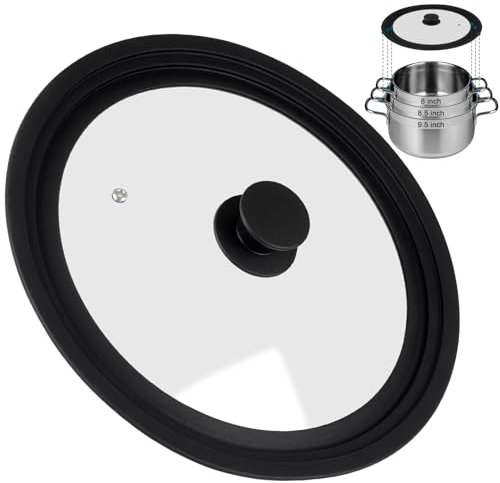 Universal Silicone Lid for Frying Pans, Pots and Skillets, Tempered Glass Pan Lid with Heat Resistant Silicone Rim, Fits 20 CM & 22 CM & 24 CM Diameter Cookware(Black)