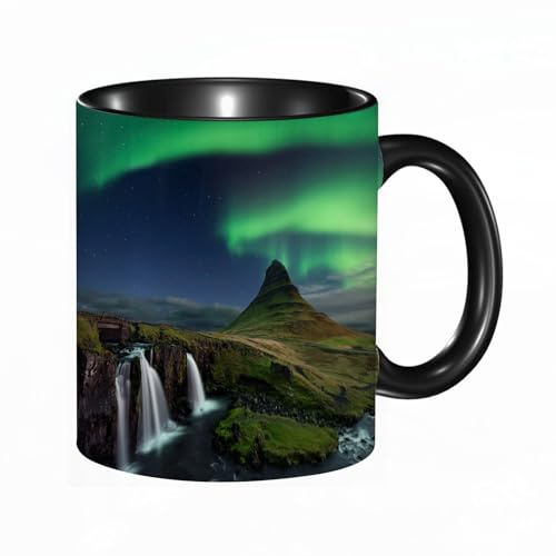 HRRASFAZF Tasse à Café | Tasse Céramique Fine | Cadeau Original | 330ml | Mug avec Anse | Cadeau Original pour Homme et Femme | L'aurore boréale sur la montagne Kirkjufell Islande. Vue de la cascade