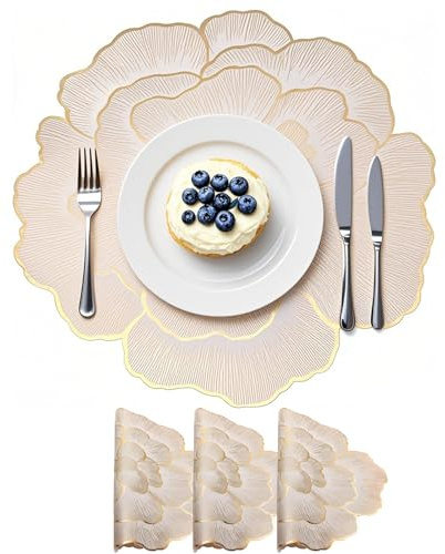 Lot de 4 sets de table Sets de table, 38 cm Sous-verre en or Lotus, sets de table en PVC imperméables et antidérapants pour la cuisine, le restaurant, l'hôtel, la décoration de mariage, la fête