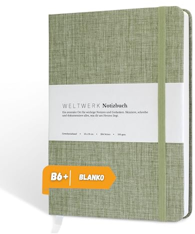 WELTWERK Cuaderno B6+ [En Blanco, Verde Menta] cuaderno de alta calidad con papel de 100 g/m², encuadernación de tela y banda elástica – pequeño cuaderno con 264 páginas para Bullet Journaling