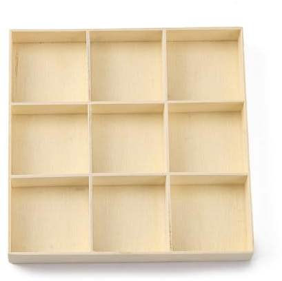 CALFOVERA 2PCS 12.9×12.9×1.7CM 9 Grids Antique White Unfinished Trinket Display Tea Organizer Stackable Jewelry Storage Chest Tray Divided Drawer Wooden Sorting Tray for Earrings Necklaces Rings