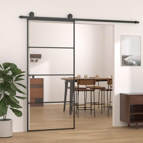 Snsowed Porta Scorrevole in Vetro ESG e Alluminio 90x205 cm Nera,Cancelli Scorrevoli,Porta Scorrevole,Perfetta per Risparmiare Spazio-149480