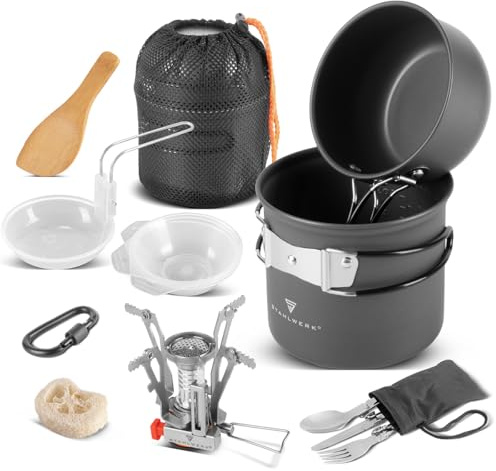 STAHLWERK Camping-Kochgeschirr-Set Aluminium-Campinggeschirr Komplett-Set | mit Topf, Pfanne, Gaskocher, Plastikschalen und Besteck, hochwertiges Outdoor-Koch-Set