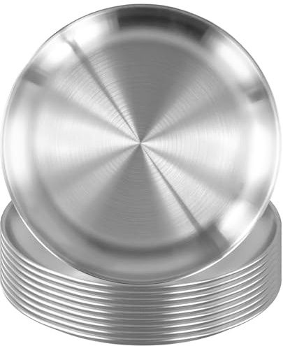 SYUTBOU 10 Stück 20 cm Silber Edelstahl Rundes Geschirr, Edelstahl Tablett Rund, Silber Unterteller für Restaurant, Festliche Anlässe
