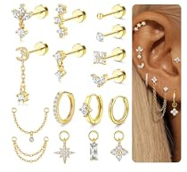MILACOLATO 16Pcs Piercing Oreja Pendientes Acero Inoxidable Mujer Piercing Tragus Helix Cartílago Pendientes Dorados Hipoalergenicos Tachuelas Pendiente Pequeños Oro/Plata-G