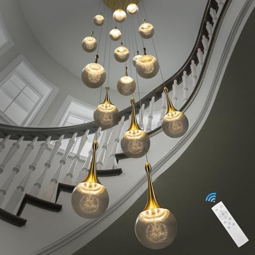VTAMng Kristall Kronleuchter LED modern wunderschöne Pendelleuchte hohe Decke Luxus goldene Wassertropfenform Hängelampe Fernbedienung dimmbar Treppenhaus Foyer Eingang Hotel höhenverstellbar