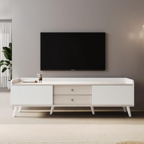 BLOCKTOY Meuble TV avec Deux tiroirs, Table TV, Meuble Bas TV avec Deux Portes coulissantes, Noir et Couleur Bois Naturel, H58/L160/P40 cm,Blanc