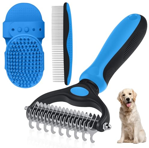 Double-Sided Pet Grooming Rake - 4-in-1 Professional Pet Grooming Kit Deshedding Dematting Tool for Dogs Cats Extra-Wide Grooming Brush & Deshedder Comb for Long & Short Haired Pets (Blue Kit 4PCS)
