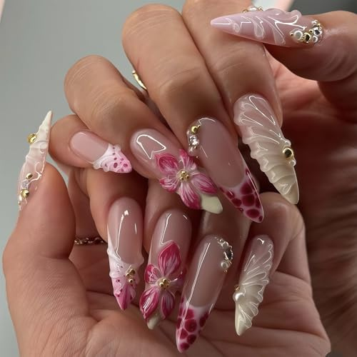 Auroriel Gelb Weiß Verlauf Almond Faux Ongles À Coller 24 Pièces French Tip Pink Hawaii Fleur Or Strass Artificiels Pour L'Été Manucure Set Pour Femmes Adolescents Vacanc