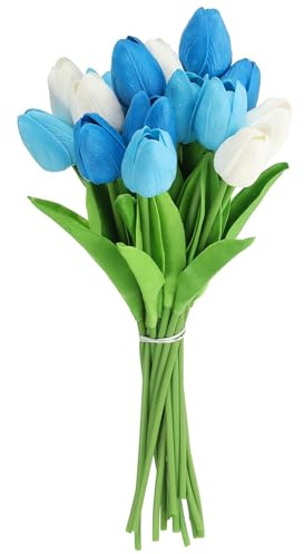 QUARKZMAN 20 Pezzi Tulipani Fiori Artificiali, Fiori Finti In Seta Steli Di Tulipano Effetto Reale Per Bouquet Matrimonio Centrotavola Decorazione Tavolo Festa (Blu, Azzurro, Bianco Puro)