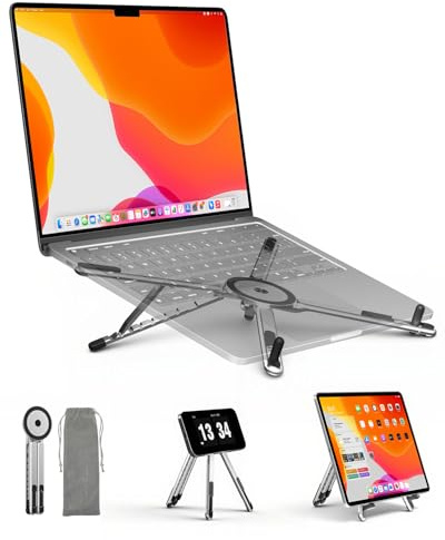 Viozon Portable Laptop Stand for Desk, Foldable Adjustable Computer Riser with Magnetic Phone Holder, Aluminum Laptop Stand for 10–16” Laptops & 4–13” Phones/Tablets (Silver)