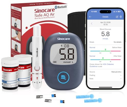 sinocare Safe AQ Air Blood Sugar Test Kit & 50 Strips, Bluetooth Connection | Diabetes Testing Kit, Bluetooth Blood Sugar Monitor with Strips x 50, Lancing Devices x 50, 5s Test Glucose Monitor-in mmol/L