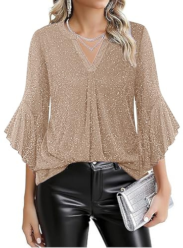 Top Fiesta Mujer Camiseta Lentejuelas Mujer Brillante Blusa Sin Mangas Disco Camisa Otoño Pantalones Nochevieja 2#Caqui L 2025
