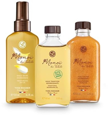 Yves Rocher MONOÏ – Pflegeöl Trio – Feuchtigkeitsspendend für Haut & Haare – Mit Monoï aus Tahiti – Trockenes Öl 125 ml – TraditionellesÖl 100 ml – Schimmerndes Öl 100 ml