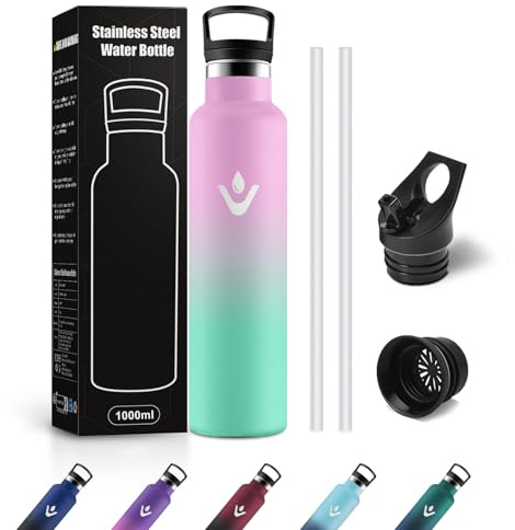 JAPORIA Botella Agua Termica 1L, Cantimplora Termica con Pajita, sin BPA, Reutilizable, Termo para Oficina, Bicicleta, Escuela, Colegio