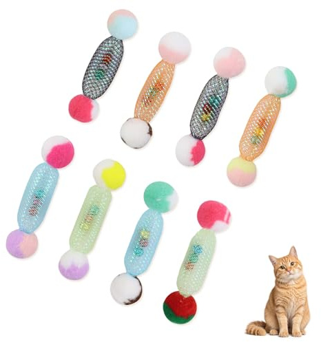 Andiker 8 Stück Interaktives Katzenspielzeug, Leichte Kurze Katzensticks mit Pompons, Bunten Glöckchen, Lustiges Katzenspielzeug Spirale für Hauskatzen, Kätzchen