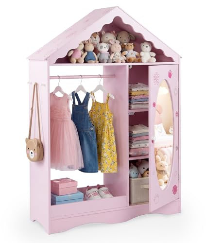 FANTASK Kinder Kleiderschrank Hausform, Kindergarderobe mit Spiegel, Kleiderstange, Regalen & Haken, Kinderzimmer Kleiderschrank für Mädchen & Jungen ab 3 Jahren, Kleiderständer Kinderzimmer (Rosa)