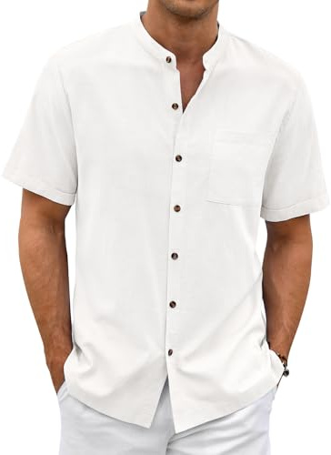 Lonya Mens Summer Cotton Linen Shirts Henley Short Sleeve Shirt for Men Adult Regular Fit Casual Collarless Beach Shirt with Pocket, White, L