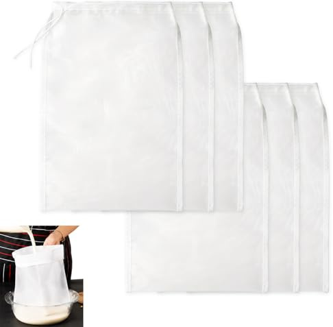 Sac Filtrant Lot de 6, Filtre Lait Végétal Réutilisable 24×36 cm, Tissu en Nylon Alimentaire, Sacs à Lait de Noix Lavables avec Cordon pour Lait de Soja, Amande, Avoine, Fromage, Café