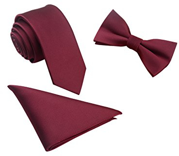 WANYING Herren Classic 6 * 12cm Fliege & 6cm Schmale Krawatte & 22 * 22 cm Einstecktuch 3 in 1 Sets - Einfarbig Burgund Rot