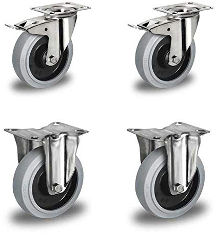 Rollensatz 2 Lenkrollen mit Feststeller + 2 Bockrollen 125 mm Elastik grau Edelstahl