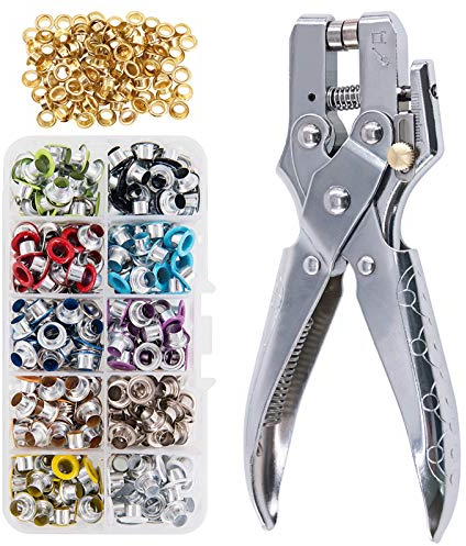 Keadic 300Pcs 1/5 inch Metal Grommets Kit and Eyelet Hole Punch Pliers with 100 Gold Grommets, Eyelets Kits Shoe Eyelets Grommet Sets for Leather, Canvas, Shoes, Belts, Bags, Crafts (11 Colors)