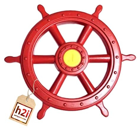 h2i Steuerrad Spielturm & Spielhaus | Piraten Steuerrad aus wetterfestem Kunststoff | bewegliches Spielschiff Lenkrad mit Drehgeräusch | Spielturm Zubehör | rot
