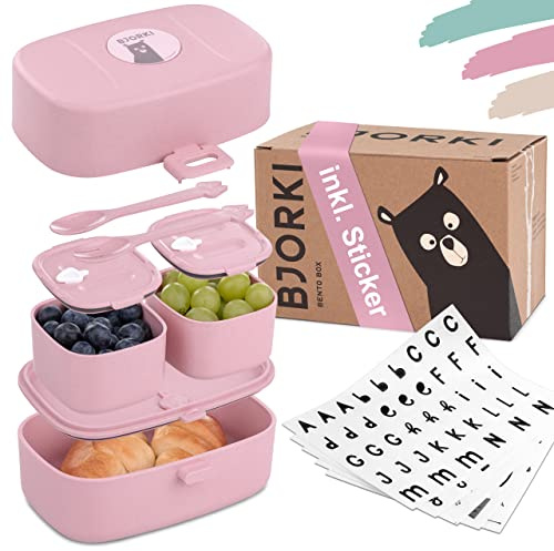 BJORKI® Caja Bento para niños, incluye adhesivo para nombre, fiambrera a prueba de fugas, con compartimentos, fiambrera sostenible infantil para jardín de infantes y escuela, lonchera para viajes