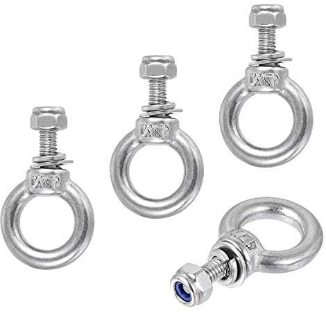 sourcing map Lifting Eye Bolt M4 x 11mm Male Thread with Hex Screw Nut Gasket Flat Washer for Hanging Securing Chain Wire Rope, 304 Stainless Steel, 4 Sets