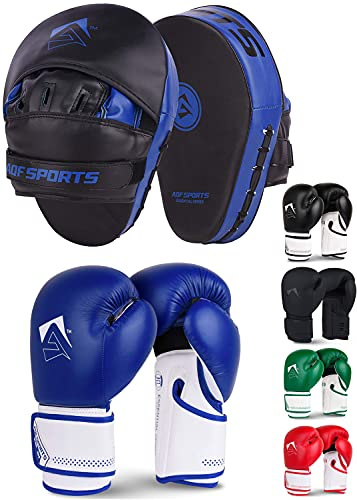 AQF Boxing Gloves & Pads Set for MMA Muay Thai Kickboxing Training Gear | 8oz–16oz Range, Including Punching Gloves & Curved Focus Pads, Martial Arts Coaching Kit, Breathable Design, Men & Women