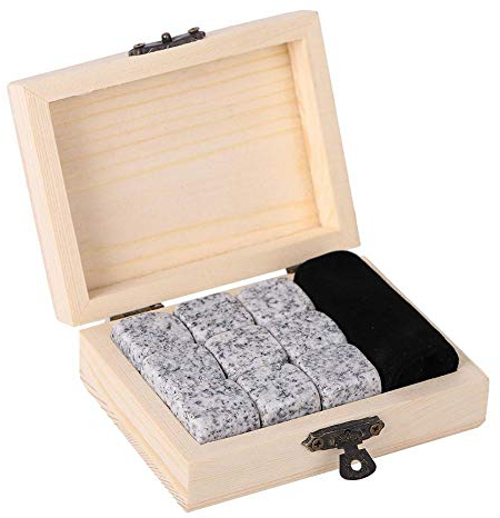 Whisky Steine Set, 9 Stück Kühlsteine, Wiederverwendbare Eiswürfel, Geschenkset aus Granit, Kühlwürfel mit Holzbox (weiß)