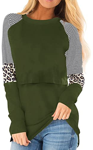 Smallshow Damen Stillshirt Langarm O-Neck Umstandsmode Tshirt Still Nursing Tops,Army Green,L