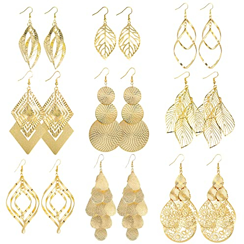 Gold Ohrringe Set Boho - 9 Paar Tropfen Ohrhänger für Damen, Hypoallergene Modeschmuck Große Lange Blatt Aushöhlen Laub Knorpel Haken Ohrringe