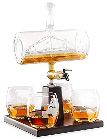 Decanter per whisky Decanter per whisky Decanter per vino Set di decanter per whisky con 4 bicchieri e supporto in legno di quercia, distributore di liquore unico per decanter per liquori rum e alco