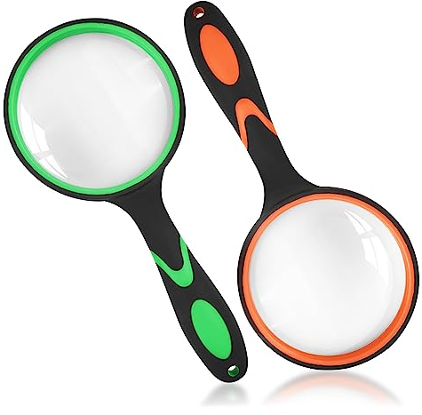 Fousenuk 2Pcs Lupe Groß 65mm, Hohe Klarheit Leichtgewicht Leselupe, Bruchsicherer Handlupe, Rutschfester Griff Vergrößerungsglas für Senioren, Kinder, Juwelier, Hobbybeobachtung, Insekten, Zeitungen