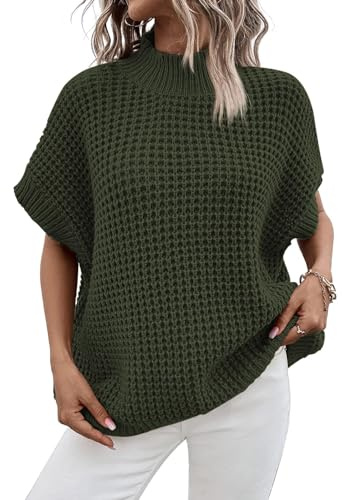 Pink Queen Short Sleeve Sweater for Women High Neck Pullover Sweaters Vest Tops Lightweight Knitted Long Top Green M