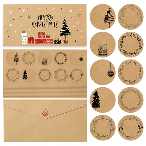BIROYAL Aufkleber Weihnachten zum Beschriften 100 Stk. – 10 Motive Weihnachtssticker Selbstklebend – 4cm Handmade Label, Frohe Weihnachten Aufkleber, Christmas Stickers für weihnachtsdeko & Geschenke
