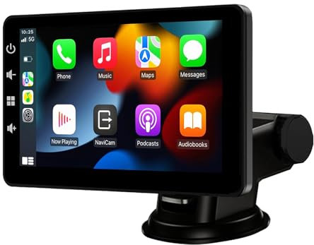 Pantalla de Coche con Carplay y Android Auto inalambricos: Radio Portatil de 7 Pulgadas con Pantalla Tactil, Mirror Link - Carplay Pantalla para Coche con Control de Asistencia por Voz/Sin Instalacion
