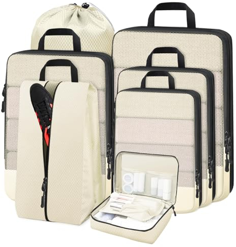 Otauoaea Koffer Organizer, Set 7-Teilige Packing Cubes Compression Koffer Organizer Set Packwürfel Kompression,Ultraleichte Travel Organizer Packtaschen für Koffer mit Kosmetiktasche, Beige