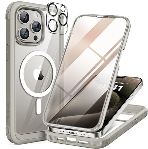 miracase Vollschutzhülle für iPhone 15 Pro Max, Magsafe, Titan | Eingebaute 9H Panzerglas Schutzfolie | Komplettschutz | Stoßfest | Kameraschutz | Geeignet für Outdoor | 6,7 Zoll